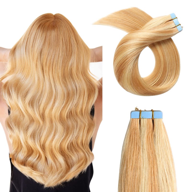 Yilite Tapein Human Hair Extensions  Seamless Straight 18 inches 50g 20pcs Strawberry Blonde 27 Highlighted Bleach Blonde 613 Piano Color